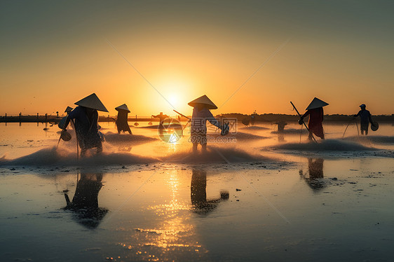 日落下海岸边的渔民图片