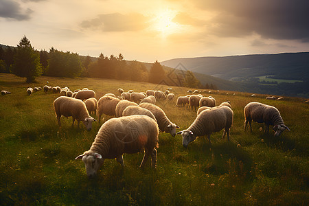 山坡上吃草的羊群图片
