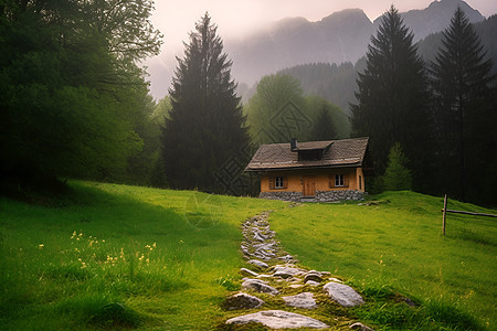 山林中的小屋背景图片