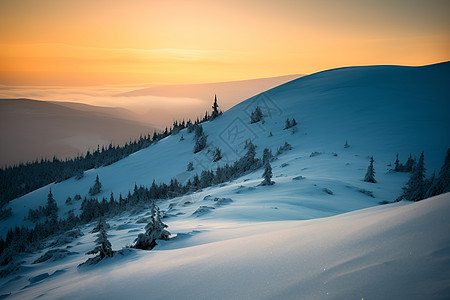 冬日夕阳下的雪山图片