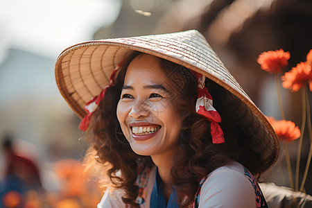 戴着草帽开心的女孩图片