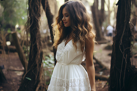 森林中穿着白色裙子的女人背景图片