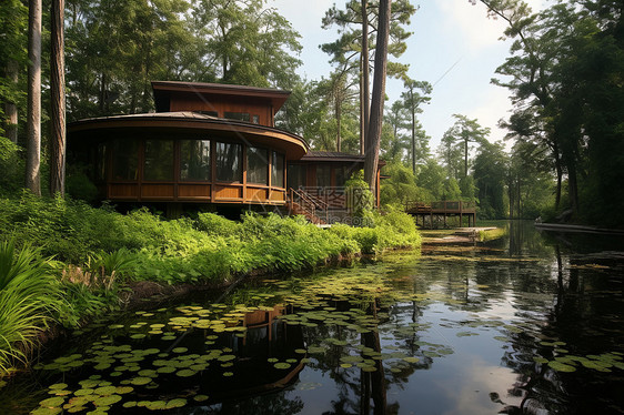 湖畔旁的建筑小屋图片