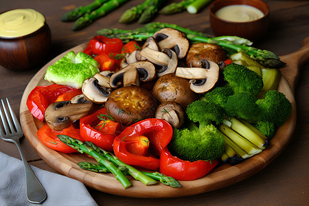 一盘蔬菜和蘑菇图片