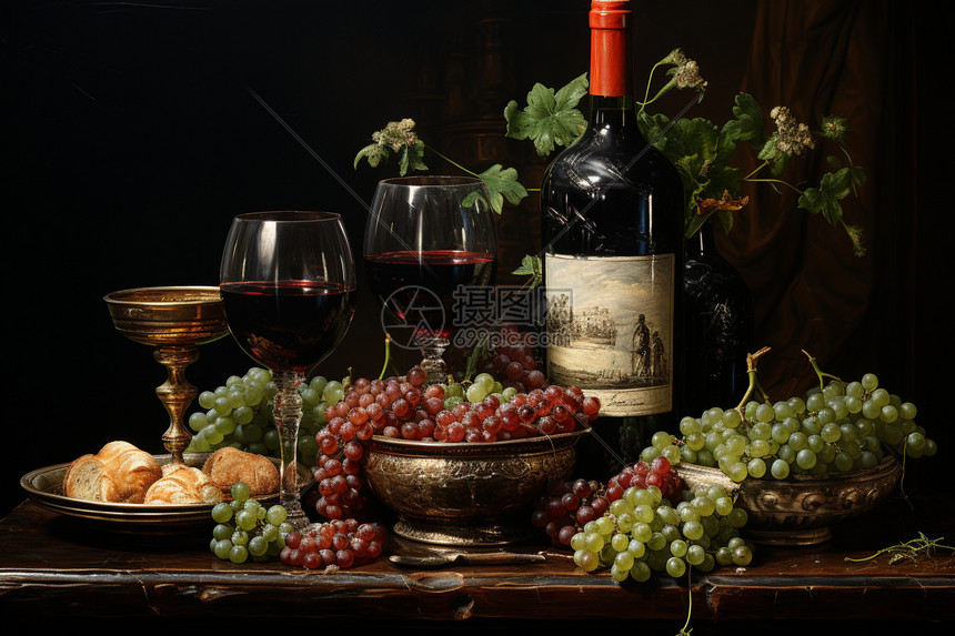 桌子上的葡萄和酒精图片