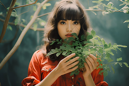 女子手捧植物背景图片