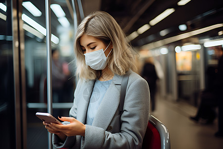 面戴口罩的女子在地铁上看手机高清图片