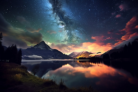 星空下的湖泊和山脉图片