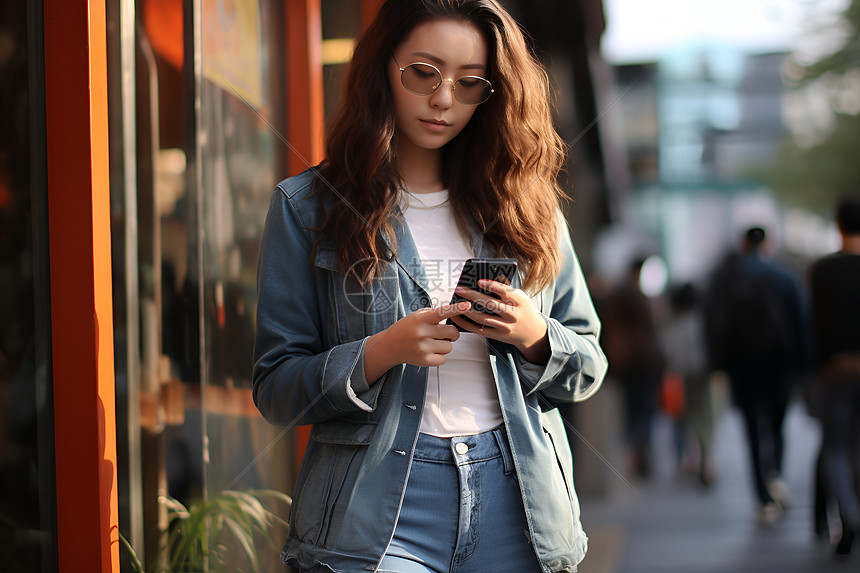 都市女子专注地使用手机图片