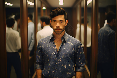电梯镜子穿着蓝色花衬衫的男子背景