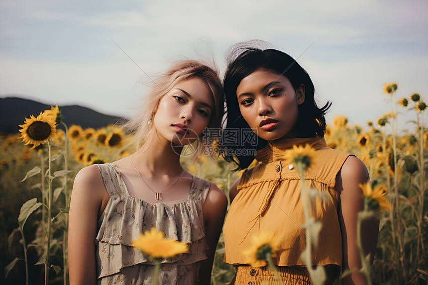 金色花田里的两个女孩图片