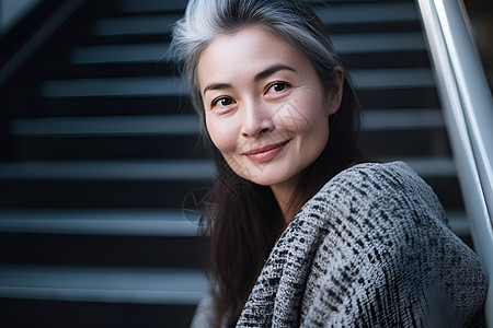 阶梯边微笑的女人背景