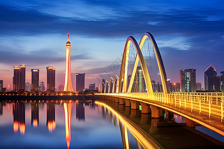 夜幕下的城市跨江大桥图片