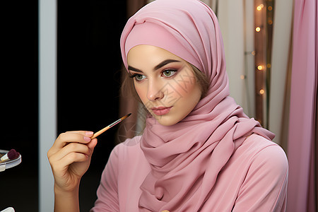 粉色头巾中的女人涂抹眼影图片