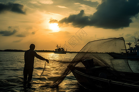 夕阳下捕鱼的男士图片