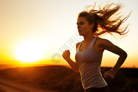 夕阳下跑步的女性图片