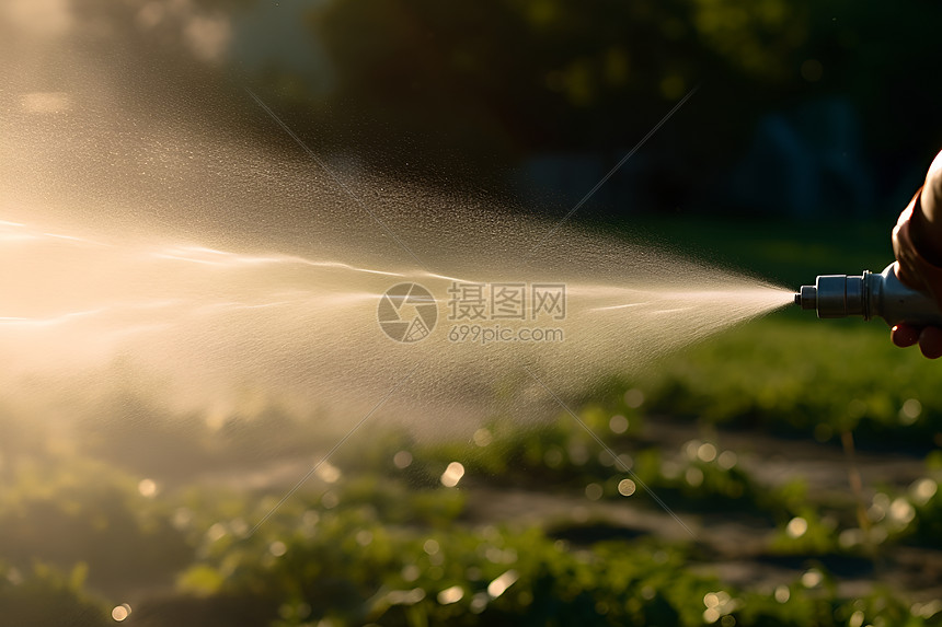 园丁用喷洒器给草地浇水图片