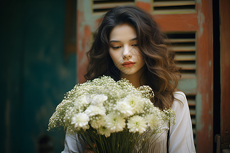 女子手持白色花束图片