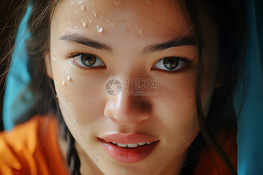 女子脸上的水滴图片