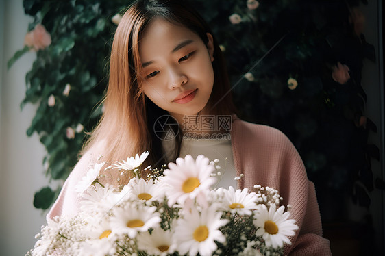 拿着一束白菊花的青年女性图片