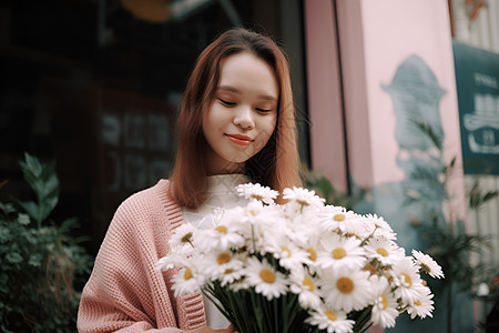 青年女性拿着白菊花束图片