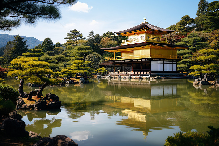 池塘中央的建筑图片