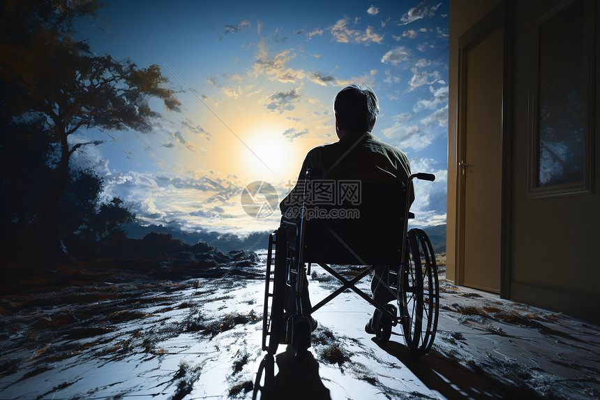 轮椅上男子凝视夕阳的照片图片