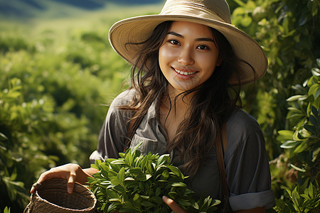 戴草帽的年轻茶农图片