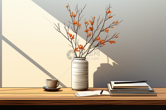 书桌上花瓶与咖啡图片