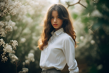 丛林白花前的女子背景图片