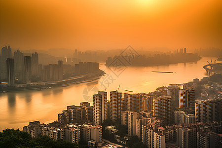 夕阳下的江边城市图片