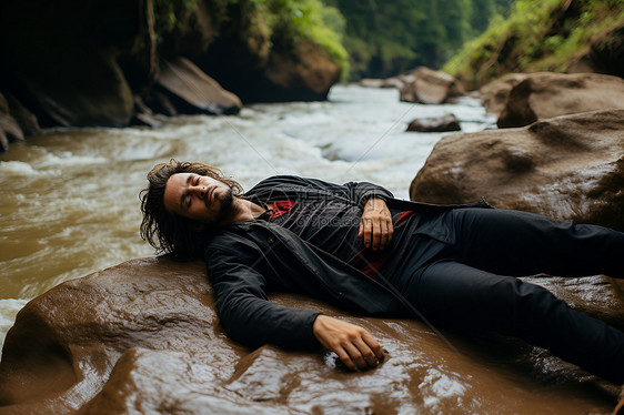河岸上躺着的男人图片