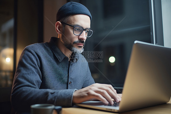 男子坐在电脑前图片