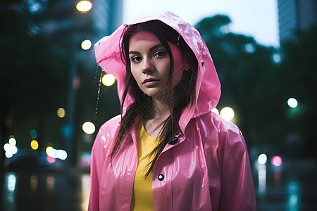 夜幕中的粉色雨衣女子图片