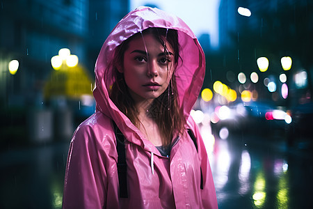 夜雨中戴粉色雨衣的女子图片