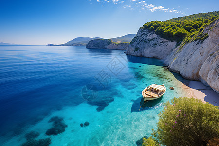 大太阳大海中停泊的小船背景