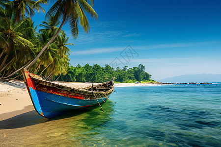 沙滩上一艘木船背景图片