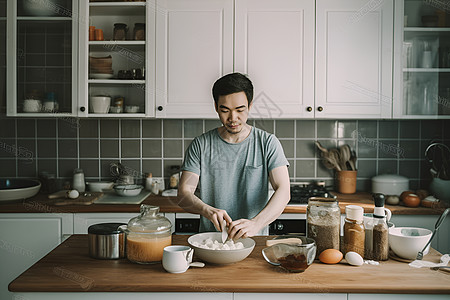 男士洗脸正在烹饪早餐的男士背景