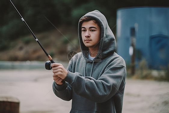 拿着鱼杆的英俊男性图片