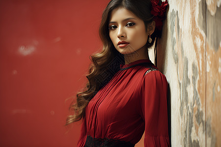 年轻的红裙女子背景图片