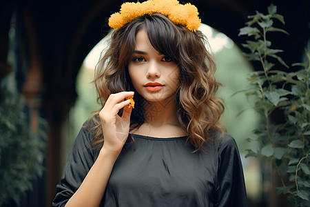 戴花环的女孩女孩头上戴着黄色花环背景