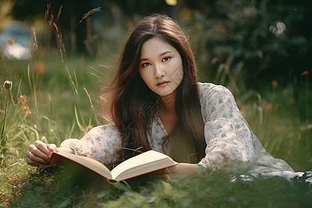 女人在草地上读书图片
