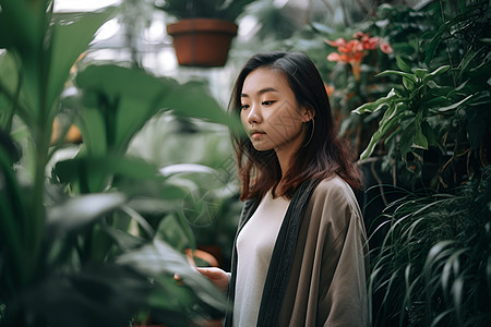 鲜花旁的青年女性图片