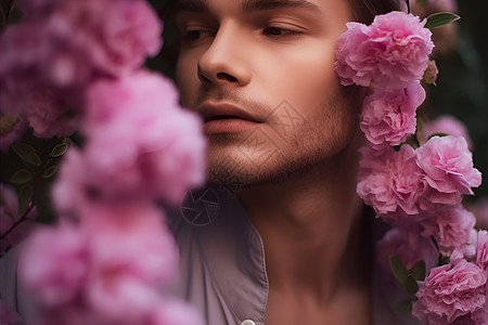 英俊的男人被鲜花簇拥背景图片