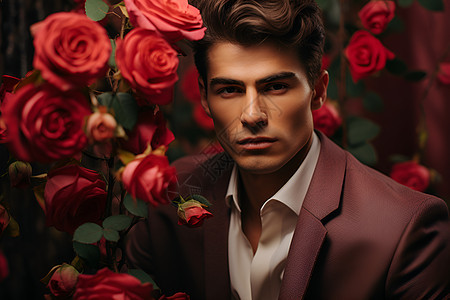 红玫瑰旁的男人图片