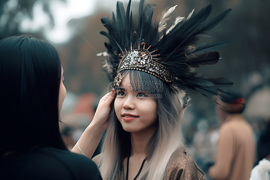 戴羽毛头饰的女人图片