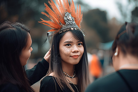 女人戴着头饰图片