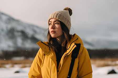 女人站在雪地中图片