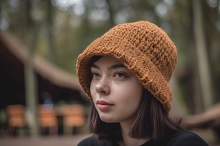 女人戴着棕色针织帽高清图片