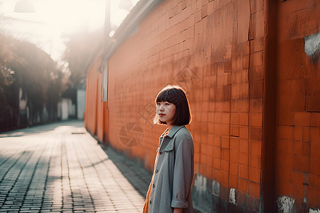 站在巨人肩膀上女子站在街边背景